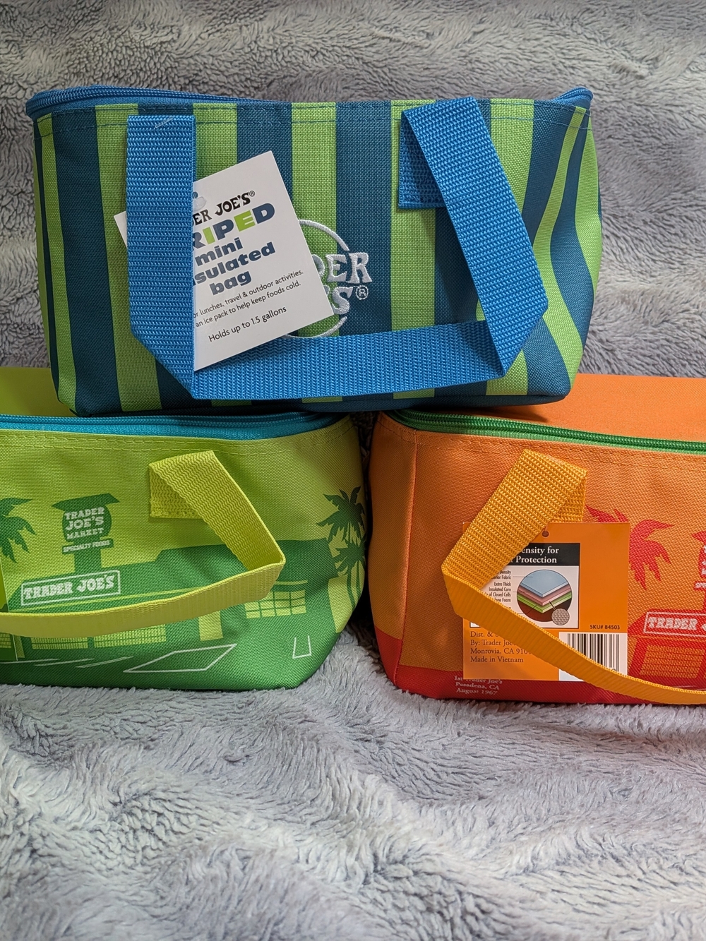 Trader Joe's Mini Insulated Bag Set Of 3 Green Stripe Assortment BNWT